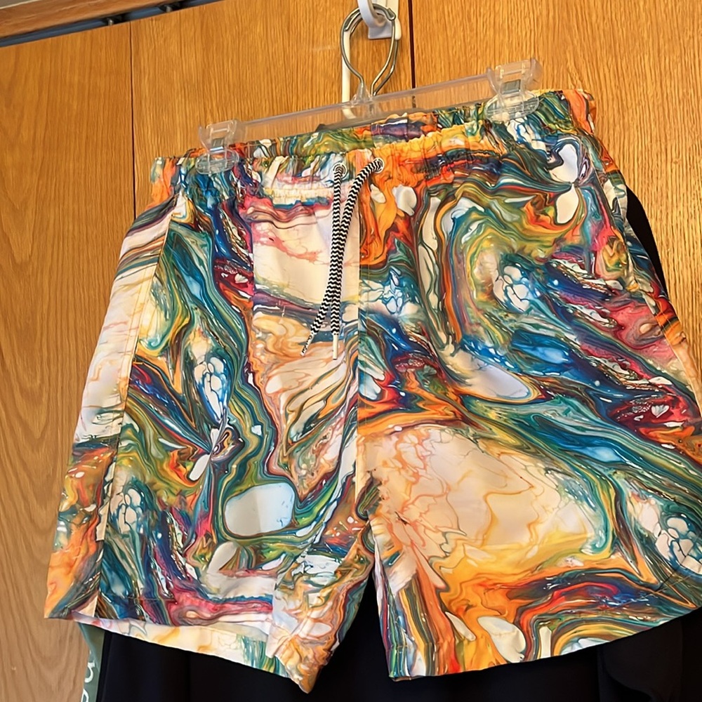 Boardies Apparel Men Large Paint Swirl Drawstring Lined Swim Trunks Shorts EUC